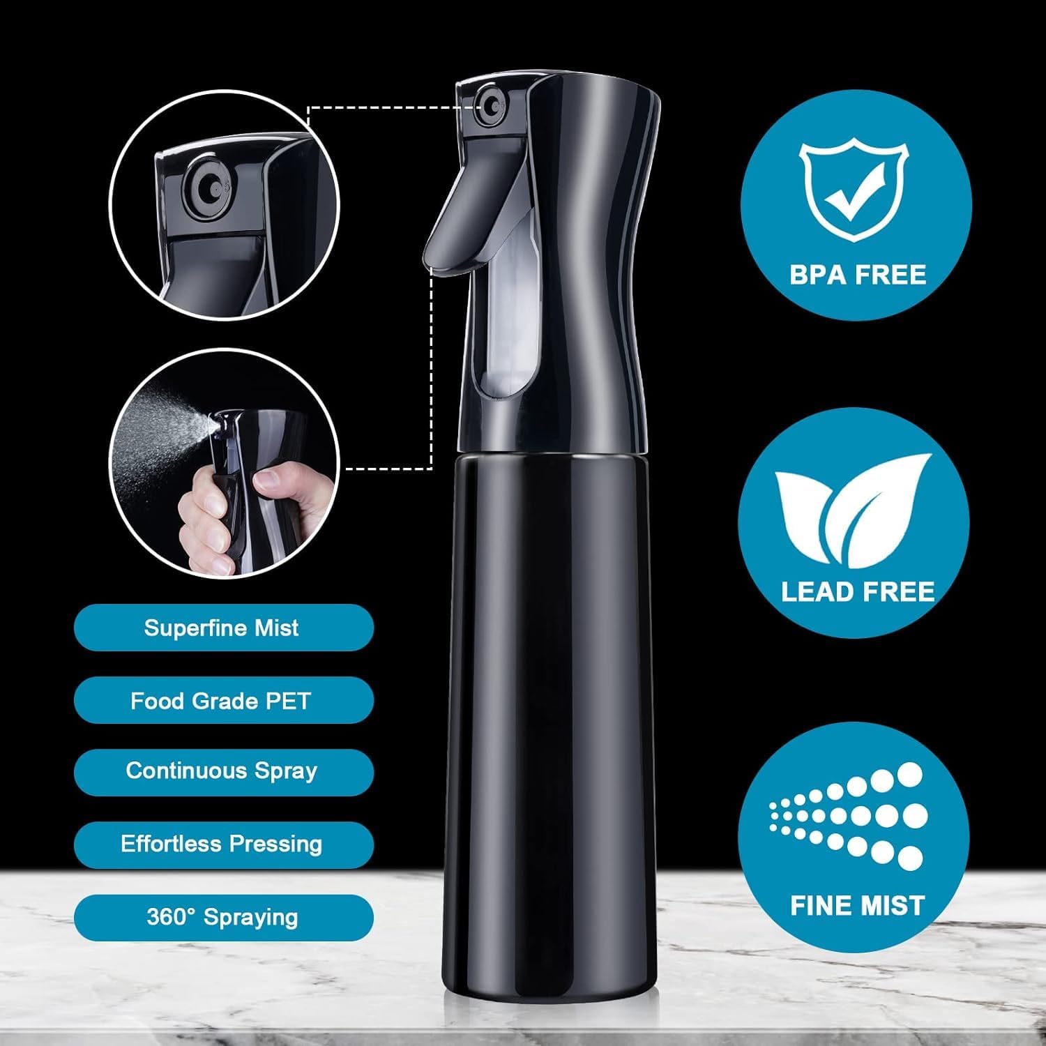 BROCCOLIN Continuous Spray Bottle (10.1oz/300ml) Empty Ultra Fine Plastic Water Mist Sprayer β For Hairstyling, Cleaning, Salons, Plants, Essential Oil Scents & More - Black w/Water Level Strip 4