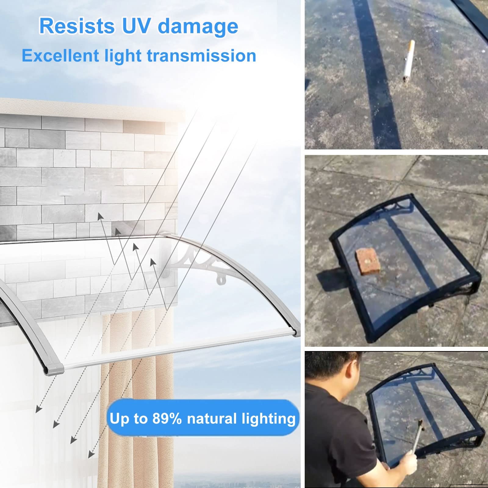 Deur Luifel Voordeur Deurluifel Buiten, Afdak voor Huisdeur Van Aluminium Frame en 2.5mm Polycarbonaat, voor UV, Regen, Sneeuwbescherming, Meerdere Maten (Color : A, Size : 60x360cm/24x142