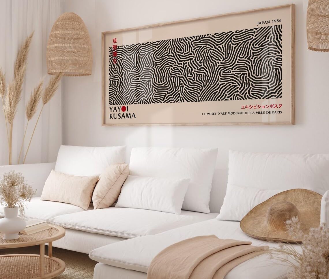 XINBAO Yayoi Kusama Canvas Wall Art: Japoński plakat wystawowy. Pozioma dekoracja łóżka panoramicznego malowidła. Wąski obraz poziomy (50 x 100 cm/rama wewnętrzna).
