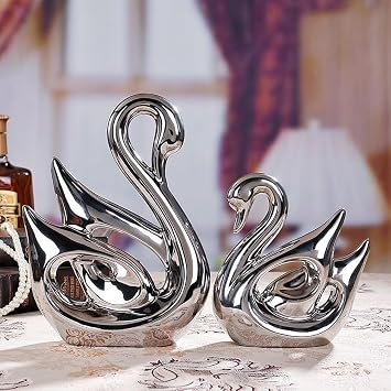 Ceramic Statue,2 Pieces Swan Sculpture Decor,Creative Ceramic Decorative,Crafts Ornaments Home Decor,Memorial Gift for Parents, Suitable for Shelf, Bookself, TV Stand Decor(Silver Swan)