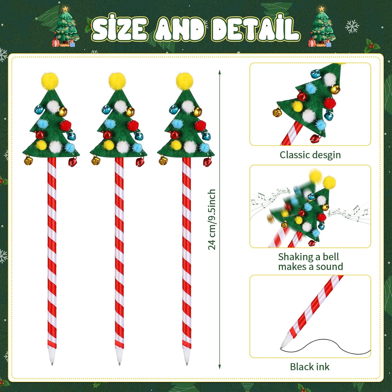 Sabary 24 Sets Christmas Candy Cane Pens with Greeting Cards Cute Christmas Greeting Small Cards Cartoon Black Ink Tree Pens for Kid Holiday Party Favor Gift