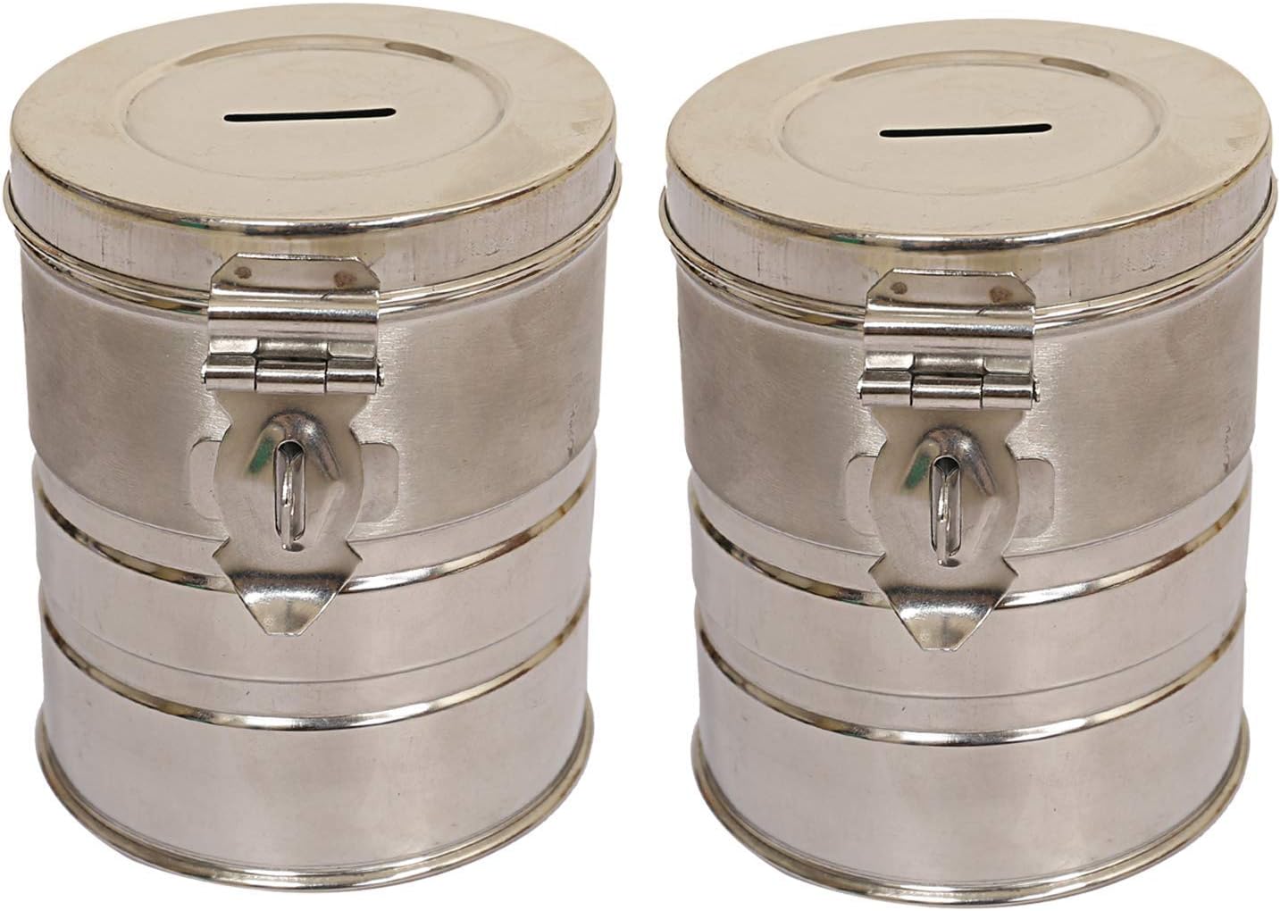 Stainless Steel Coin Money Bank Container Piggy Bank for Kids with A Pressing Lock Size and Round Shape (Silver Medium Set of 2)