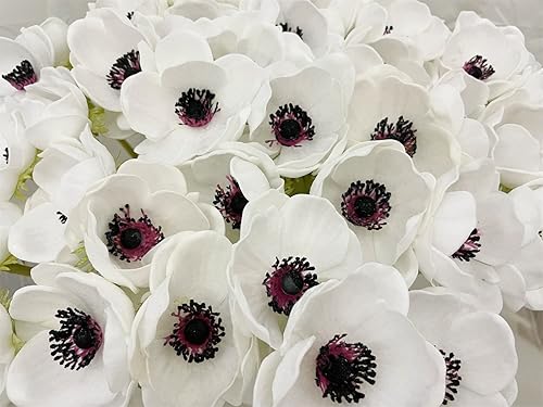 Miniatura 6 de Ramo de flores artificiales de anémona PU toque real decoración del hogar de la habitación (blanco)