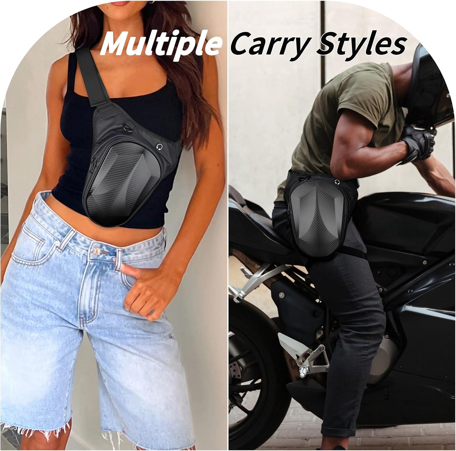 Motorcycle Thigh Bag, Carbon Fiber Leg Bag with Hard Front Shell for Men & Women, Water-Resistant Drop Leg Bag Adjustable Waist and Leg Straps, Multi-Pocket Storage for Daily Riding, Matte Black