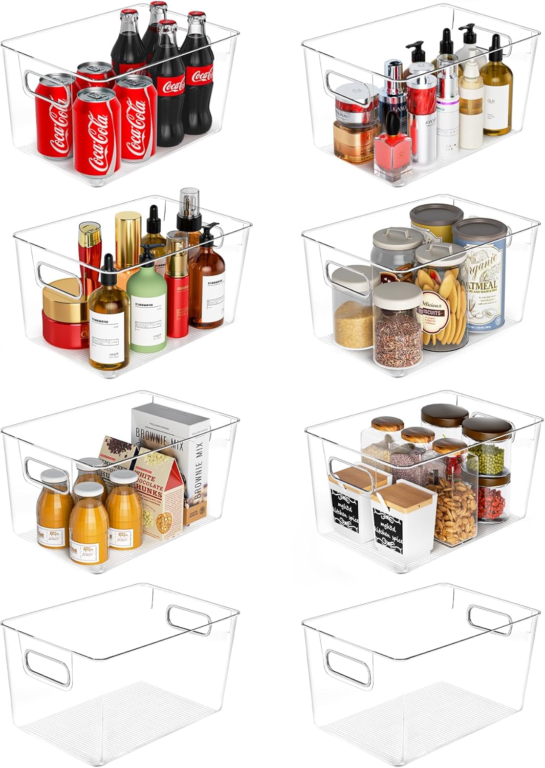 Clear Plastic Storage Bins 8 Pack - Pantry Organizers and Storage, Fridge Organizer for Kitchen, Cabinet, Freezer, Bathroom, Clost, Home Organization 8 Larger + 0 Small