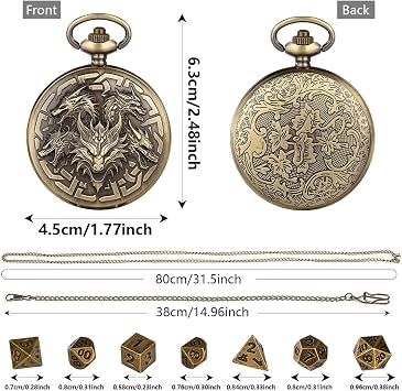 Mini DND Dice Set with Retro Five Dragon Heads Pocket Watch Shell Case, DND Starter Set, 7pcs Polyhedral Mini Metal Dice Set, D&D Gifts with Gift Box, Role Playing Board Game Accessories, Bronze