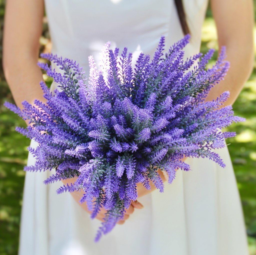 Houda Artificial Flower Purple Lavender Bouquet for Home Decor and Wedding Decorations - 4 Bundles (Purple)
