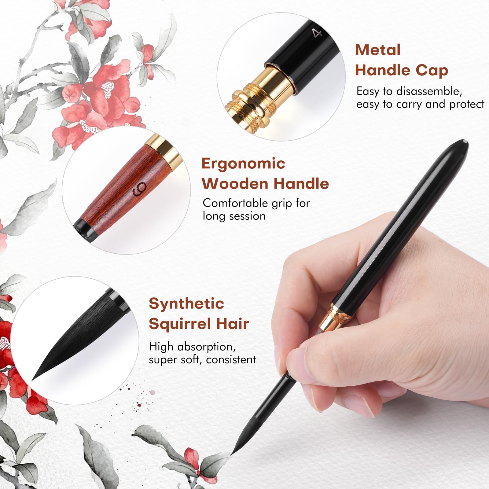Pennelli da Viaggio a Doppia Punta Professionali - 3 Pennelli di pelo Sintetico Scoiattolo con Custodia in Pelle per Acquerello, Guazzo, Inchiostro | Alto Assorbimento dell'Acqua | Watercolor Brushes