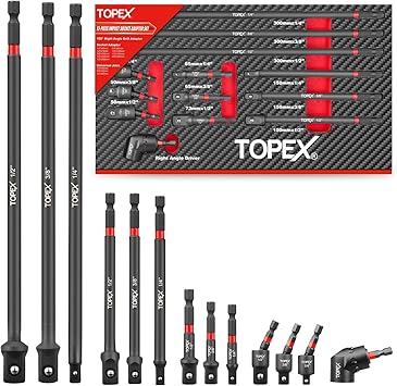 TOPEX 13Pcs Drill Socket Adapter Set, Heavy Duty Impact Grade Socket Extensions, 1/4" Hex Shank Adapter Drill Nut Driver Include 3 Rotatable Impact Socket Adapters & 105 Angle Screwdriver Drill Bit