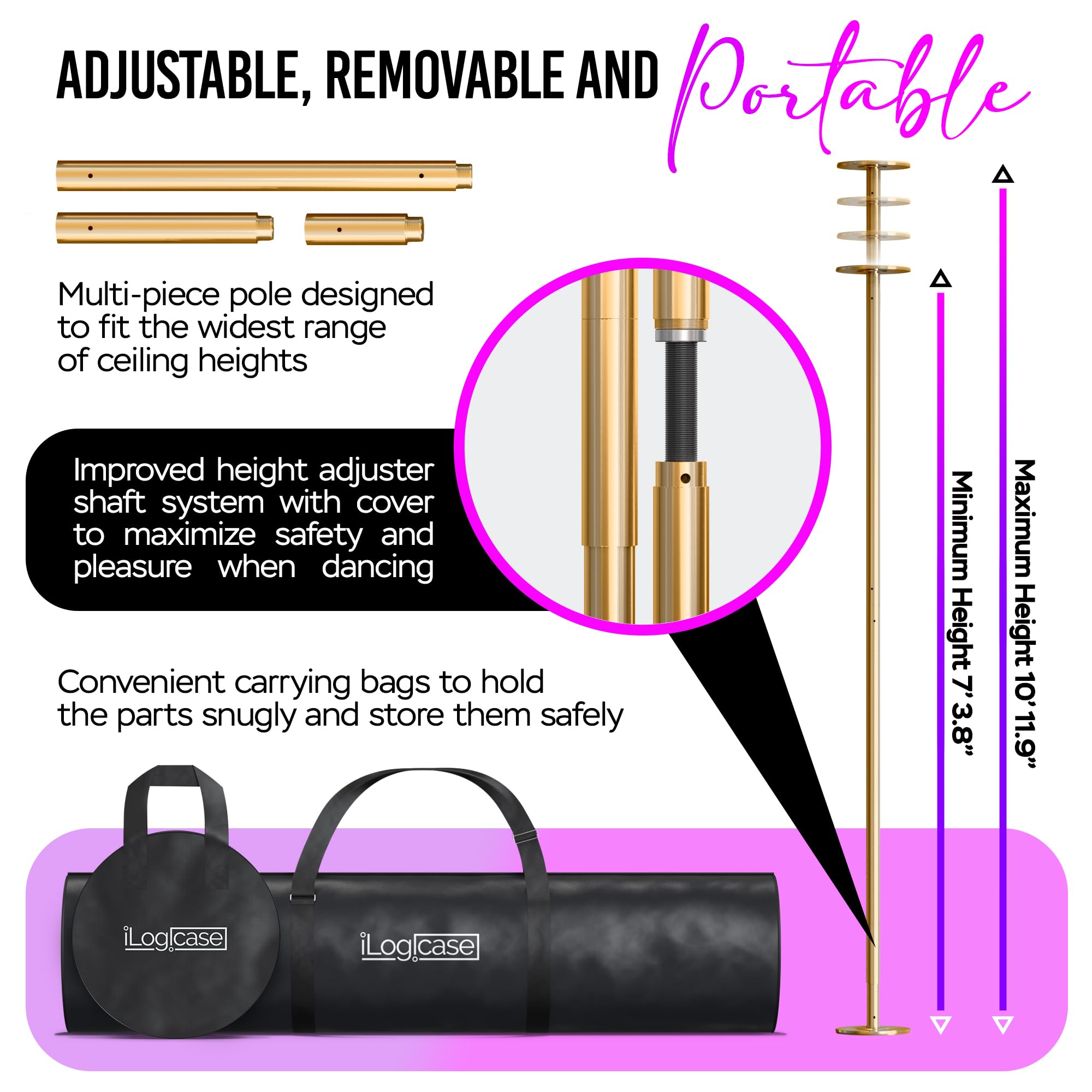 ILOGICASE Spinning Dancing Pole for Home | Portable and Heavy Duty 45mm Dance Pole Apartment Friendly, Adjustable Height 7ft to 11ft, w/Pole Conditioning Bands Set, LED Light and Carry Bags: Gold