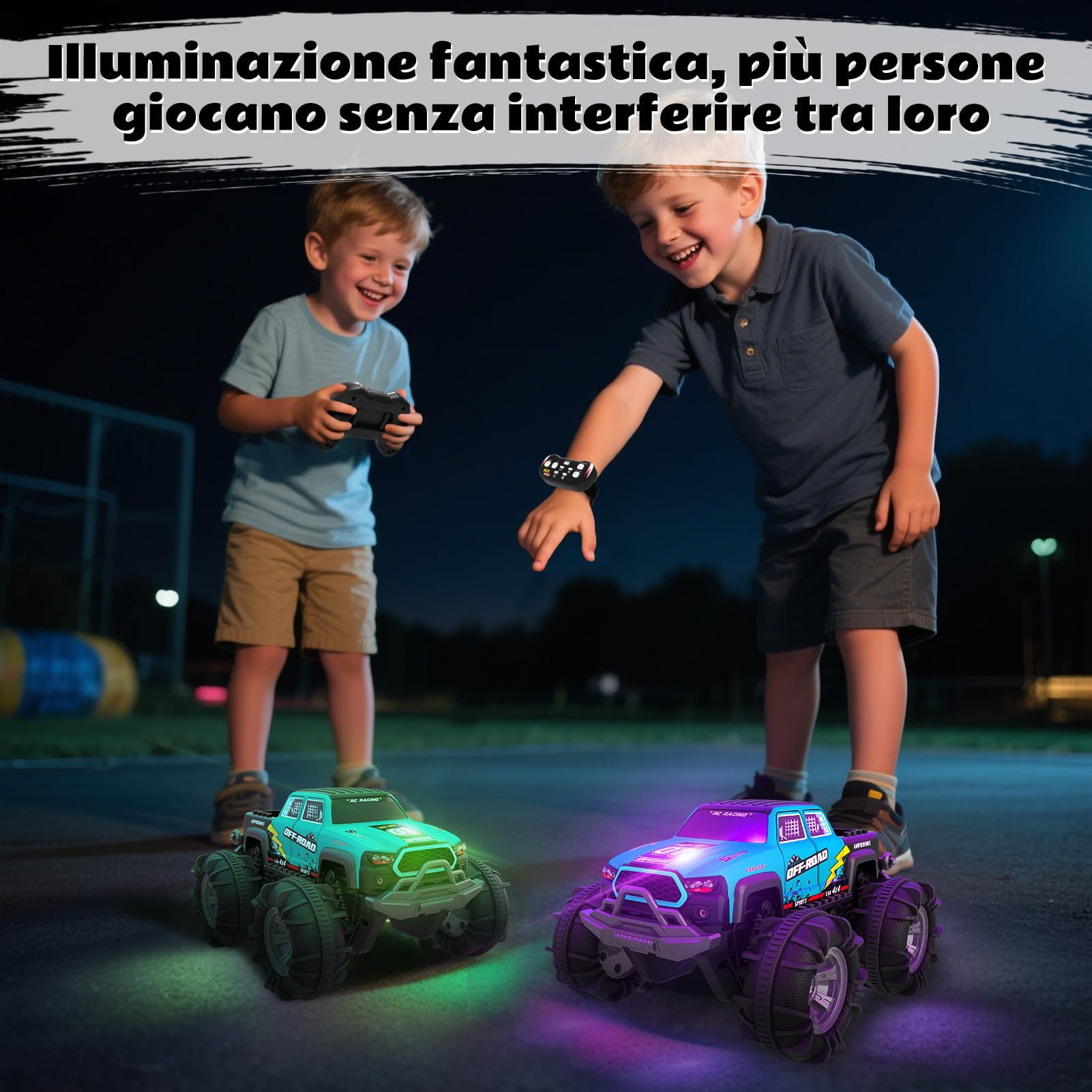 SIVQIKE Auto RC Anfibio 4WD Telecomandata – Macchina Stunt Offroad con Sensore Gesti, Luci LED, 2 Batterie, Giocattolo Impermeabile 4-12 Anni, per Sabbia Acqua e Terreno, Compatibile Mattoncini