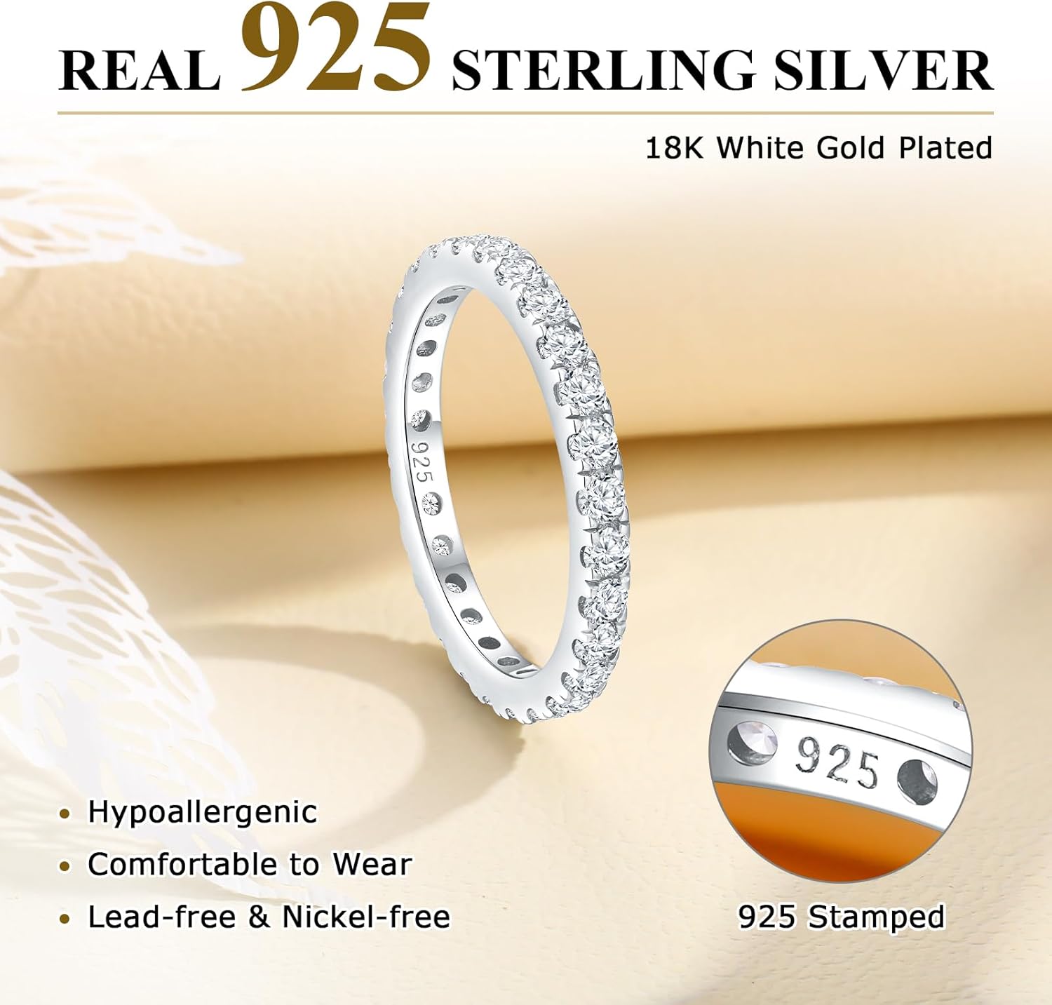Full Eternity Band 2.4mm Wide Sterling Silver or Gold Color Stackable Birthstone and CZ Anniversary Bands Wedding Ring for Men Women, Comfort fit and Hypoallergenic