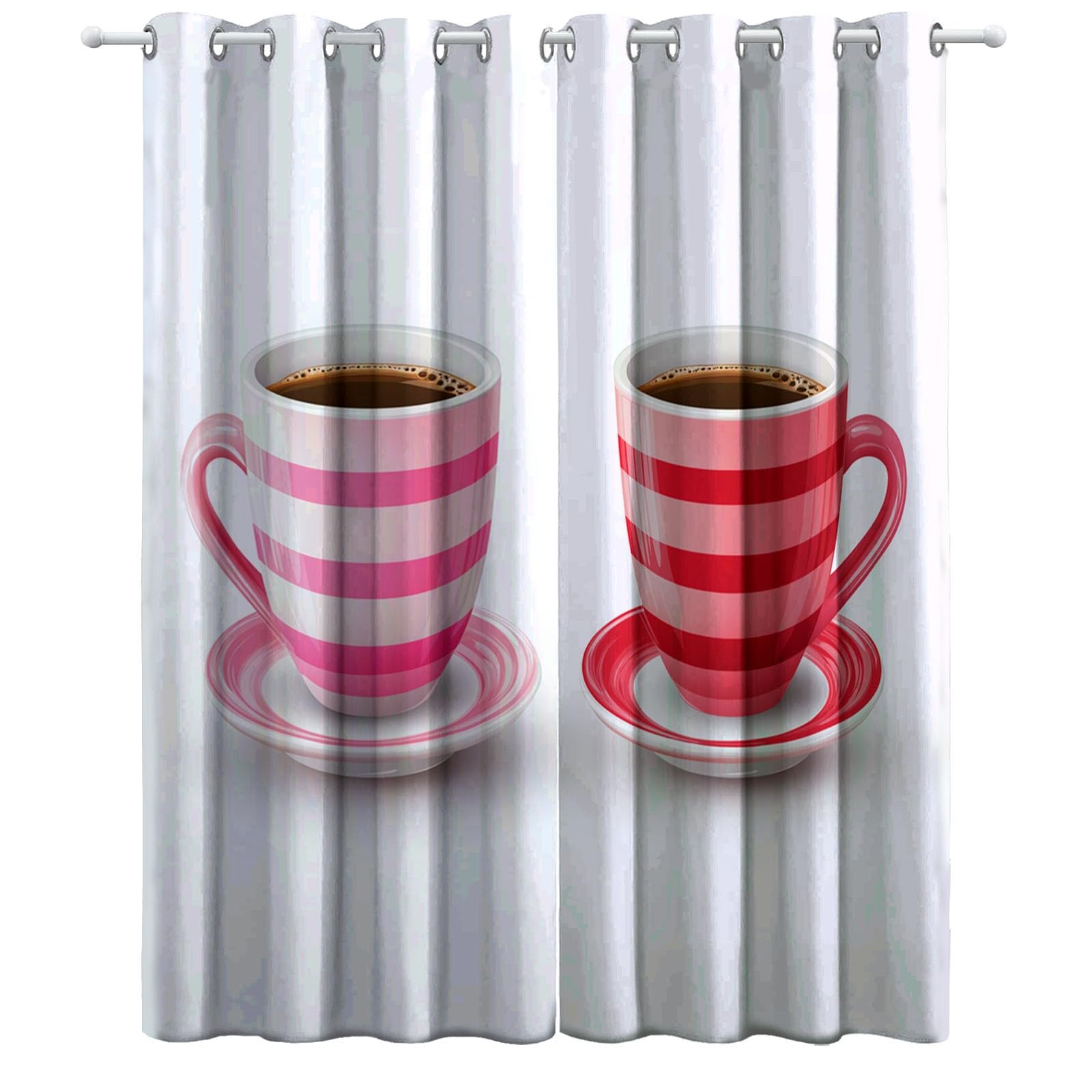 Generico Zasłony zaciemniające do sypialni, salonu, 91,5 l x 214 cm (2 panele) kubek do kawy w paski z oczkami z nadrukiem, białe zasłony termiczne