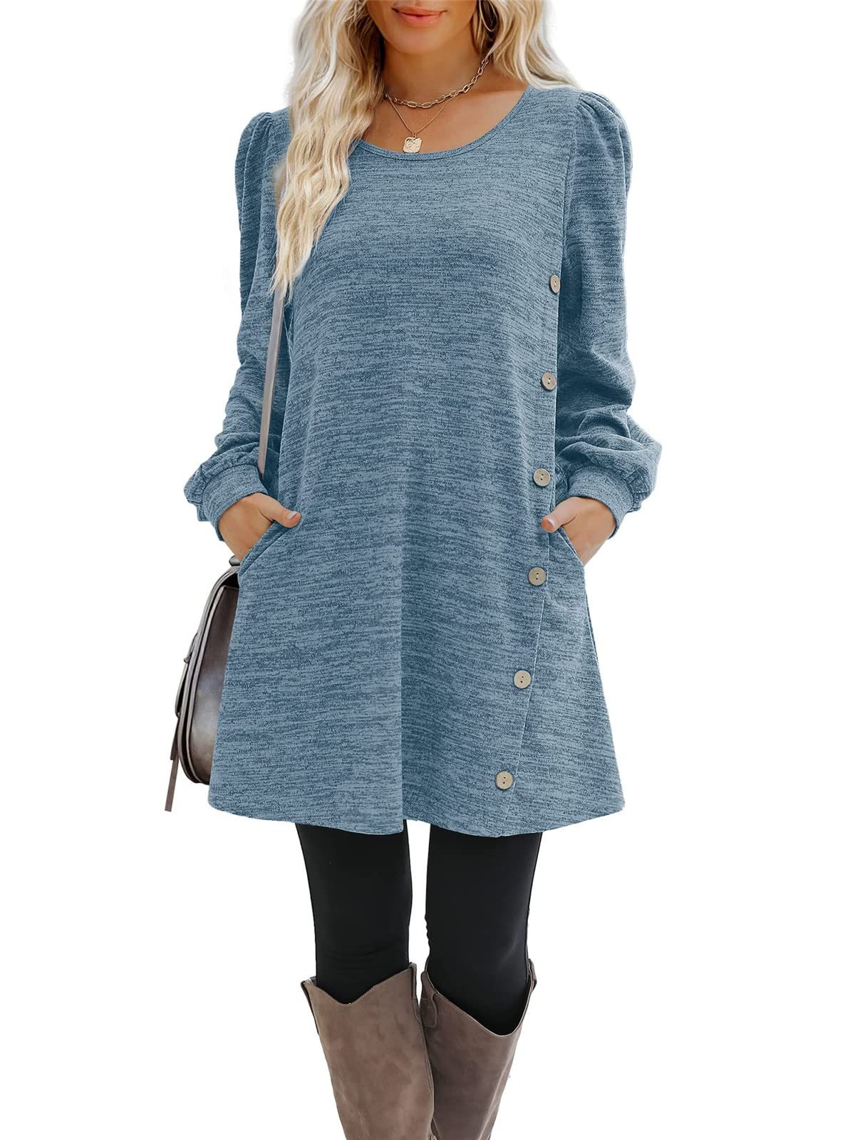 Onsoyours Vestito Donna Casual Vestiti Tunica Elegante Tinta Unita a Manica Lunga Girocollo con Tasche Abito Pullover Mini con Bottoni Autunno e Inverno A Blu S