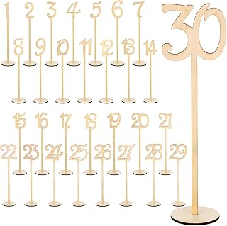 30 Pcs Wood Table Numbers Wedding 1-30 for Reception Stands Seat Table Numbers with Holder Base for Wedding Party Event Catering(Wood Color)