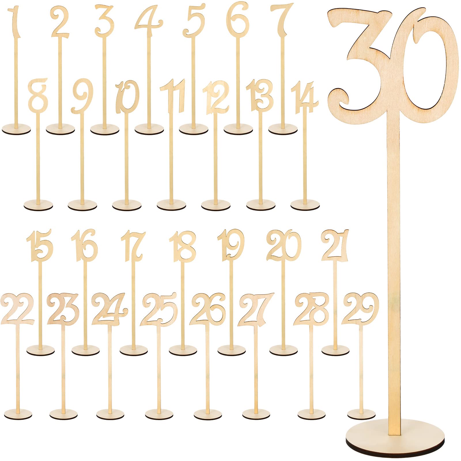 Vicenpal 30 Stück Tischnummern Hochzeit 1-30 Tischnummern Holz Tischnummern für Hochzeit Empfang Ständer Sitznummern mit Halter Basis Tischnummern für Hochzeit Party Event Catering (Holzfarbe)