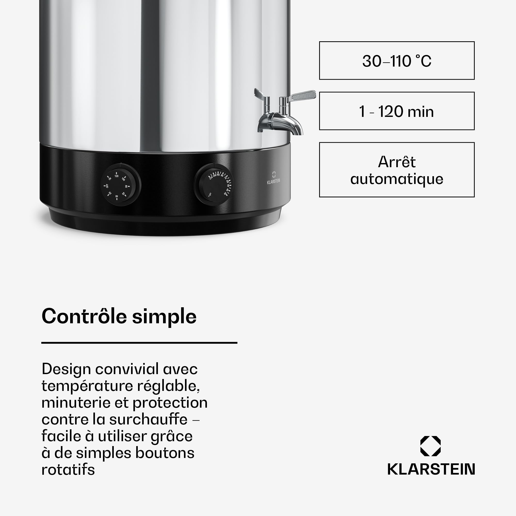 Klarstein Biggie Stérilisateur Mécanique Bocaux 25 L en Inox avec Robinet en Acier Inoxydable, 1800 W, 30–110 °C, Minuterie, Vin Chaud, Arrêt Automatique