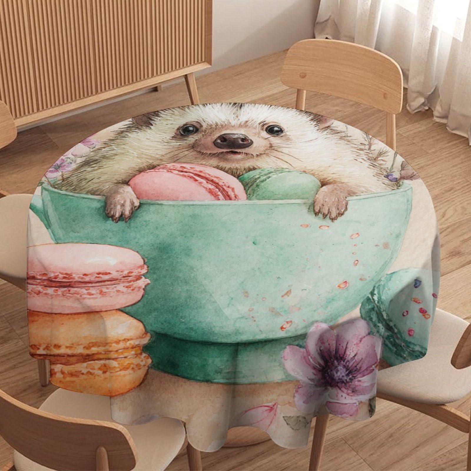 LUYYSKY Classic Realistic Cute Hedgehogs Waterproof Round Tablecloth Rustic Oil Painting Macarons Flowers Animals Hedgehog Pattern Washable Table Cover for Kitchen-177.8" Wx177.8 L cm