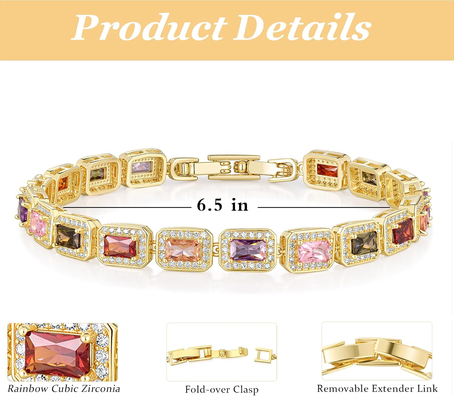 Gemsme Rainbow Tennis Bracelet for Women Men, Colorful Cubic Zirconia Bracelet with Extension Chain, Adjustable Tennis Bracelets for Women, Stylish Women Bracelets Jewelry