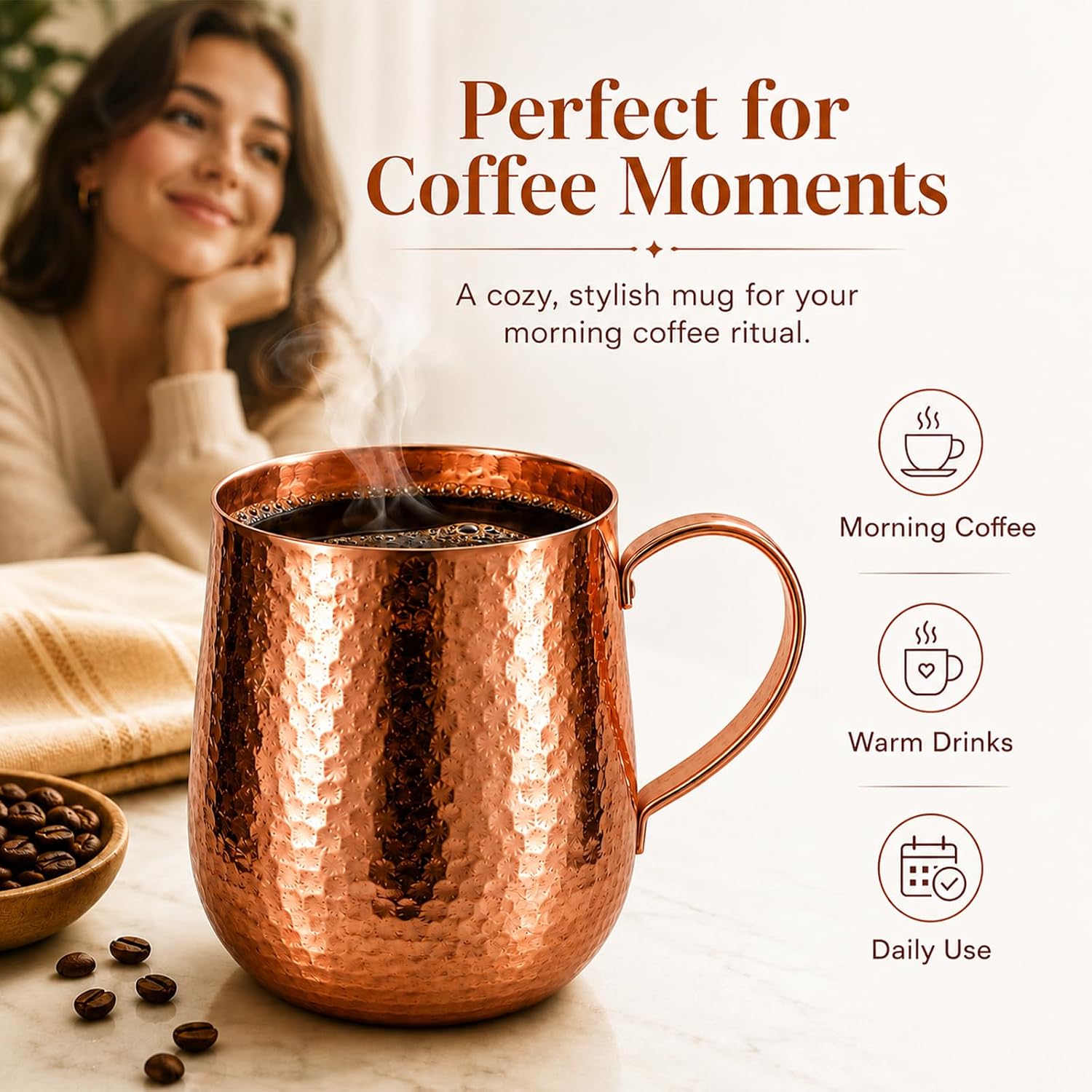 20 Oz Pure Copper Mug with Lid for Drinking Water | Solid Real Copper Cup for Coffee