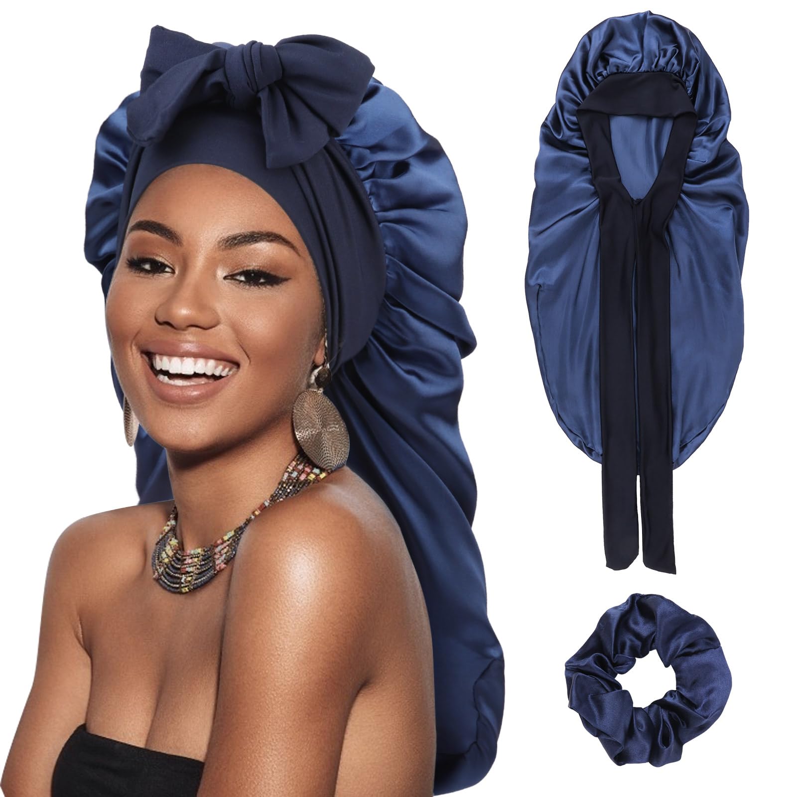 DRESHOW Lange Satin Zopfhaube für Damen Seidenhaube zum Schlafen Schlafmütze mit Elastischem Band Nachtmütze für Lange Lockiges Haar Locs
