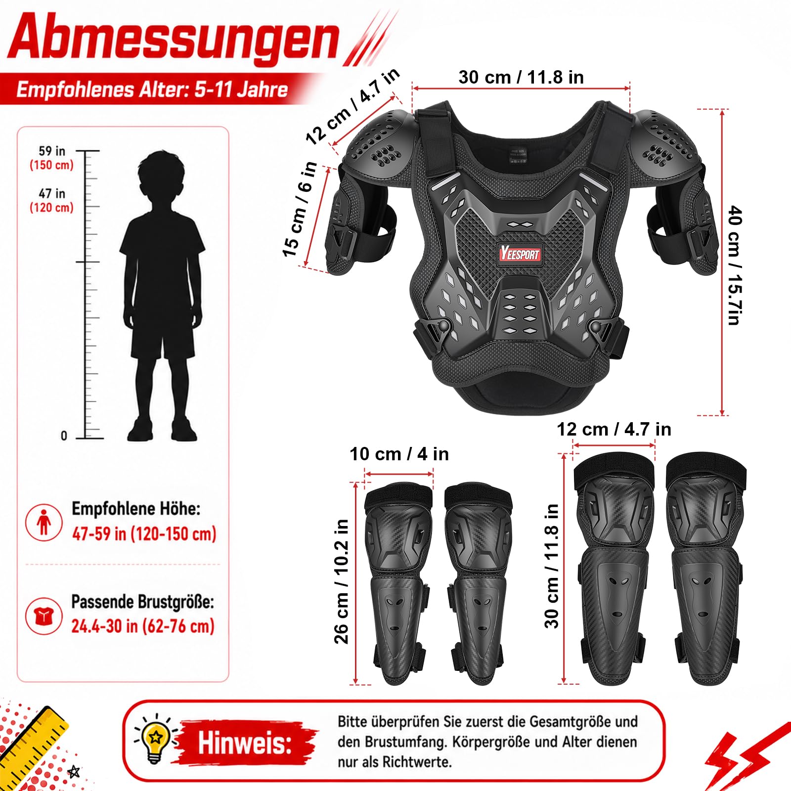 Kinder Brustpanzer Protektoren Set Motocross Schutzausrüstung | Kinder Schutzkleidung mit Protektorenweste, Brustschutz, Rückenprotektor, Kniepads, Ellbogenpads, Mesh-Gewebe und Reflektoren