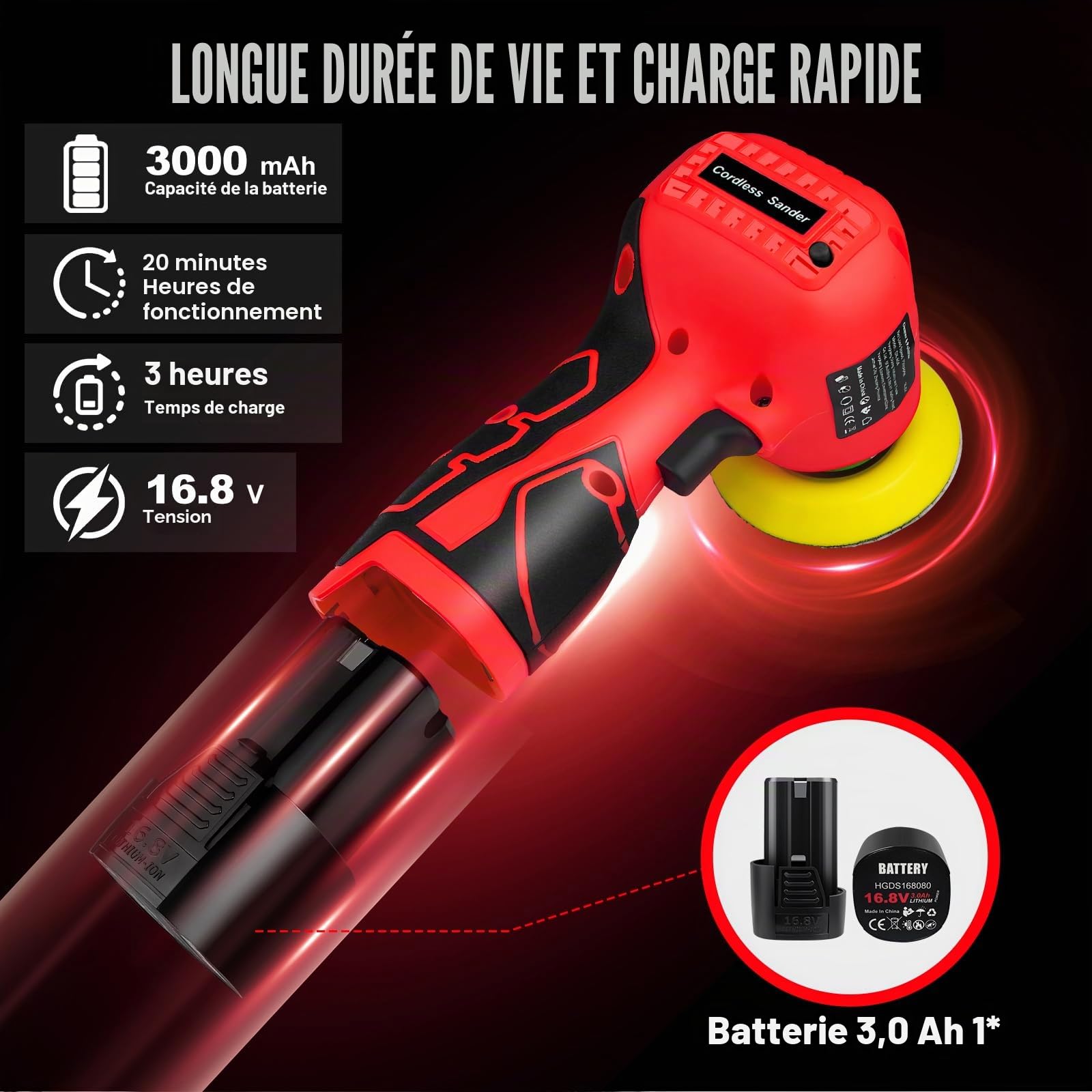 Ponceuse électrique sans fil 16,8 V avec 36 papiers abrasifs, 3500 tr/min, batterie 3,0 Ah, design léger et compact pour bois, métal, décapage de peinture et projets de bricolage