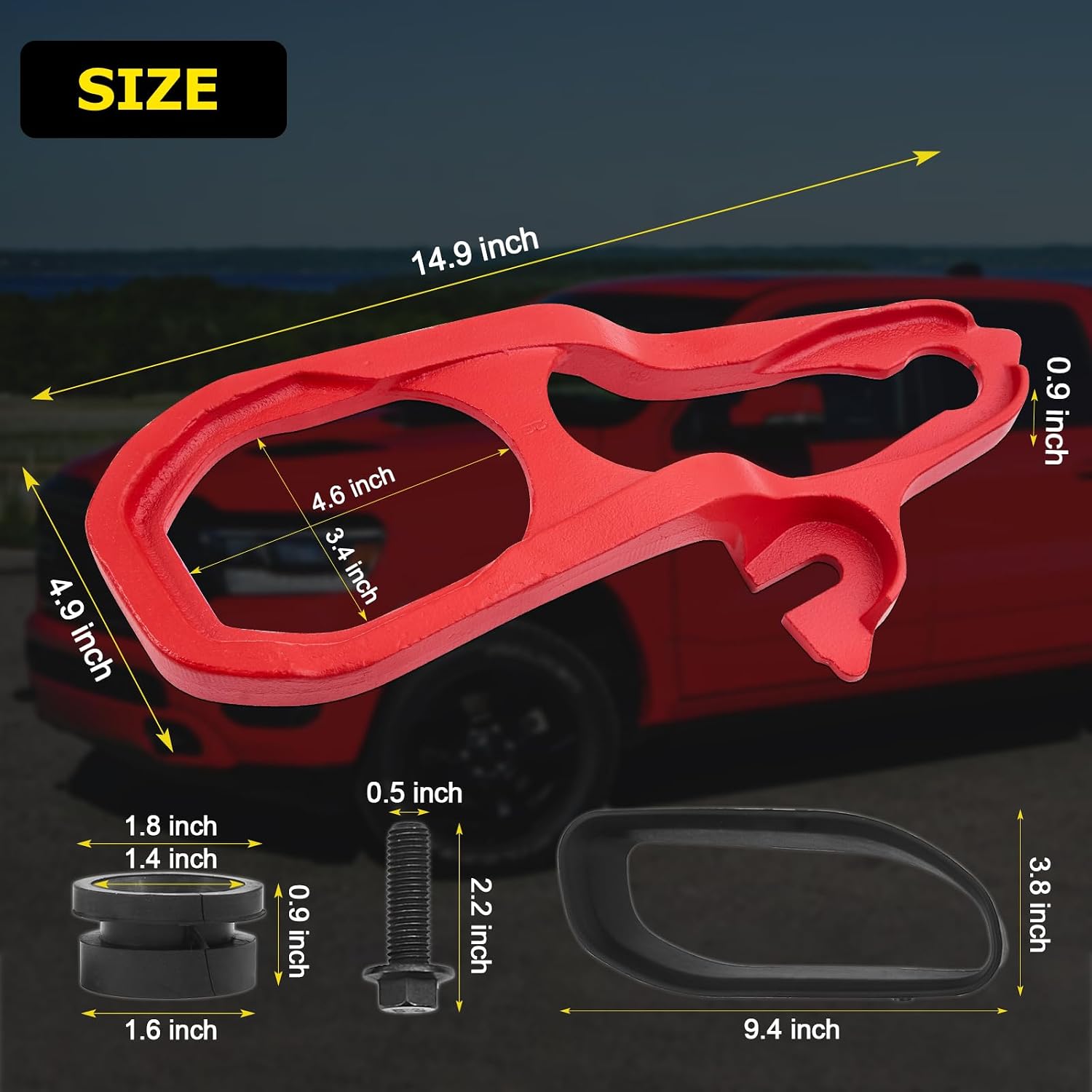 Front Car Front Forged Heavy Duty Left & Right Tow Hooks with Hardware Compatible with 2019 2020 2021 2022 Dodge Ram 1500 with 3.6L 5.7L Engine Replace# 82215268AB 68272944AB 68272945AB(Red)