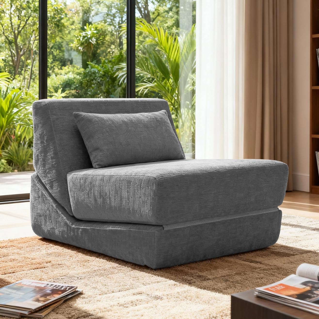 Fold Out Chair Bed, Folding Sofa Bed, 3 in 1 Convertible Sleeper Chair Bed for Nap, Transformable Sofa Bed for Apartment,Dormitory,Bedroom(Grey)