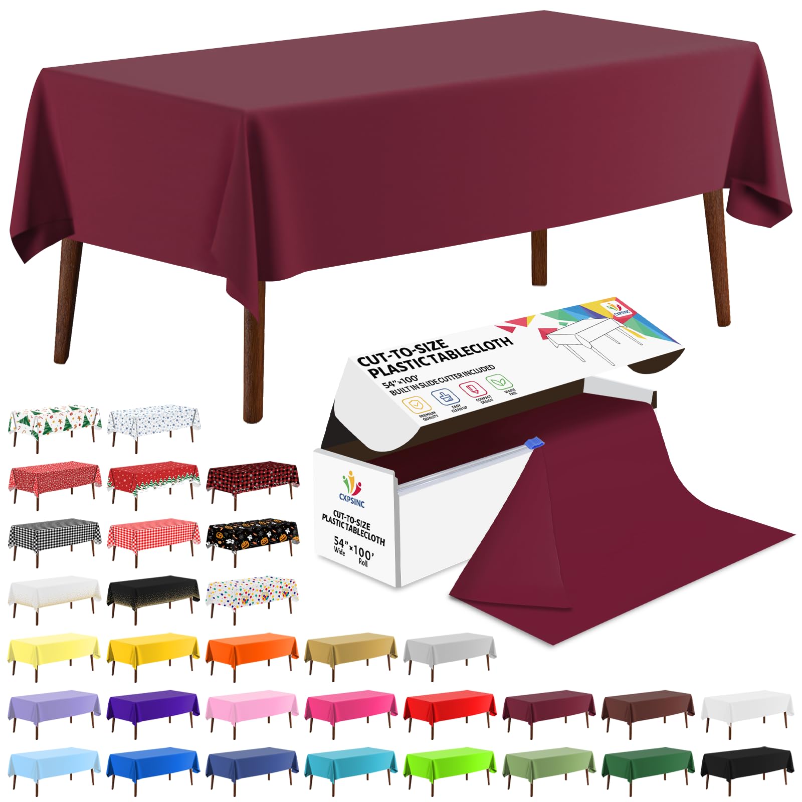 CXPSINC 54 Inch X 100 Feet Plastic Table Cover Roll Disposable Tablecloth with Slide Cutter for All Type/Shape Tables | Party, Banquet, Birthdays,
