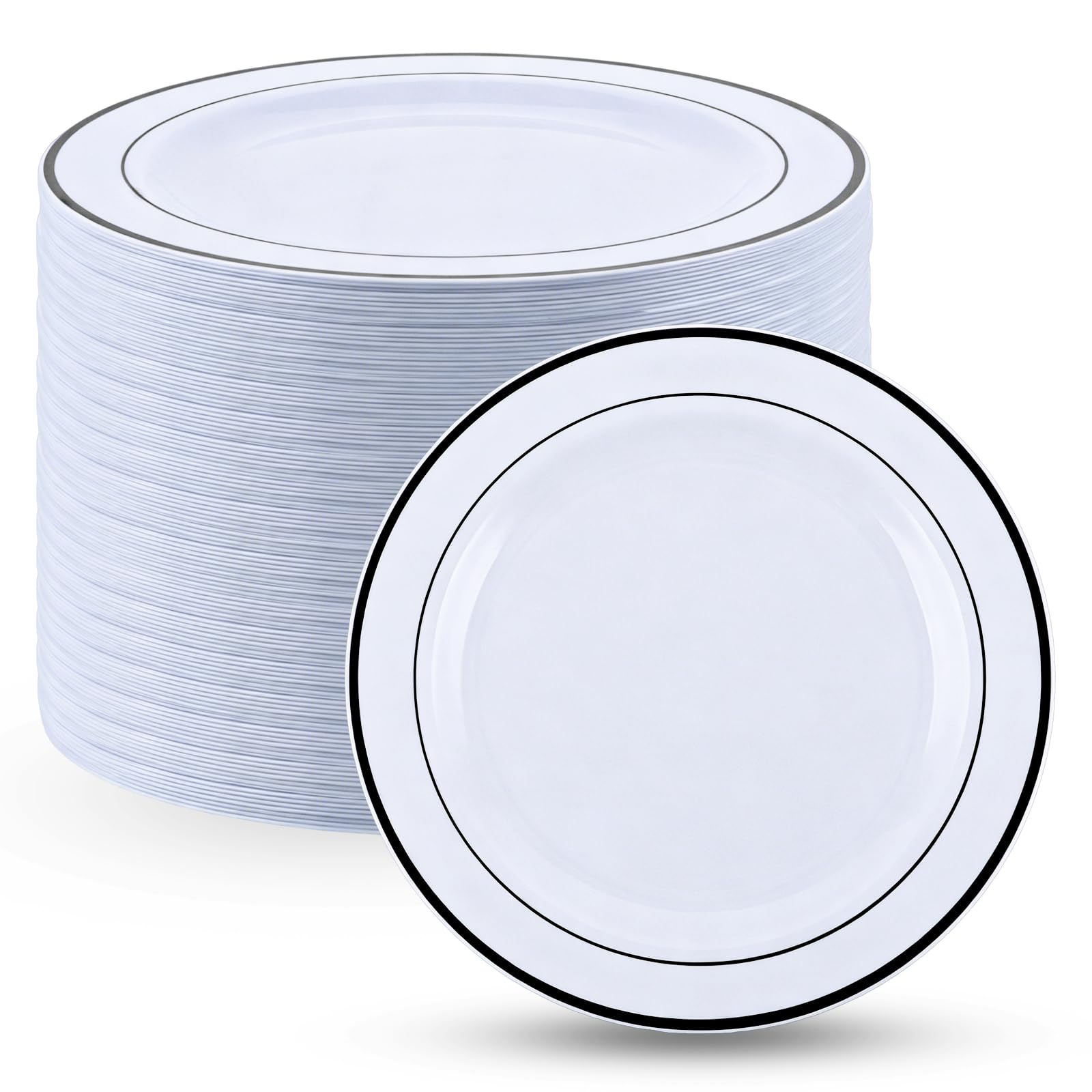 AKOLAFE 60 Stück Plastikteller 26 cm, Kunststoffteller Weiß mit Schwarzem Rand, Partygeschirr Mehrweg, Runde Partyteller für Hochzeit, Geburtstag, Buffet und Camping