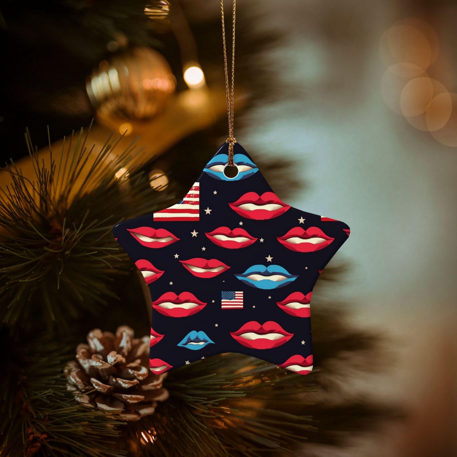 Christmas Tree Ornaments Ceramics Christmas Decorations American Flag Lips Ornaments with Gold Ribbon Porcelain Xmas Tree Crafts Star Shape Hanging Pendant for Christmas Tree Party Decor