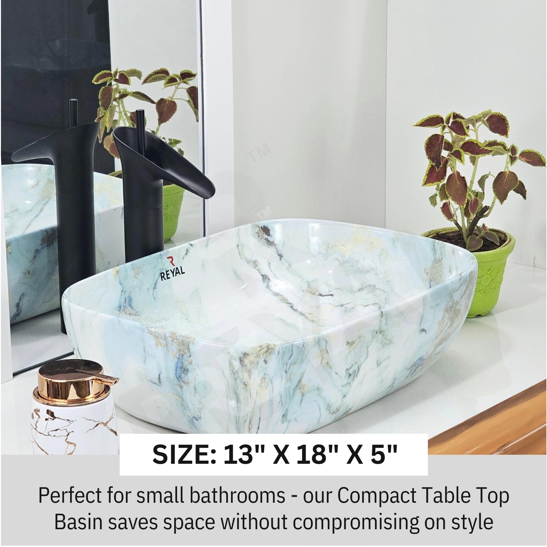 Reyal Wash Basin Marble Series Glossy Ceramic Tabletop Wash basin (13" x 18" x 5.5") Counter Top Washbasin | Bathroom Wash Basin Vessel Sink (CLOUDY GREEN BLUE) 1