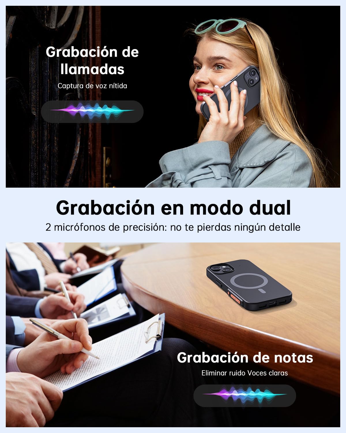 Grabadora de Voz AI con Funda para Teléfono, Transcripción y Resumen Mediante IA, Control de la App, 32GB, Soporta 80+ Idiomas para Reuniones, Conferencias y Llamadas, Compatible con iPhone 15