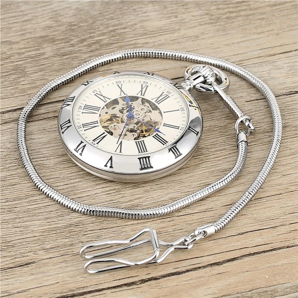 Orologio da Tasca Meccanico Automatico con quadrante Aperto in Argento/Oro, Classico, Numeri Romani, Ciondolo a Catena(SL2189 No Box)