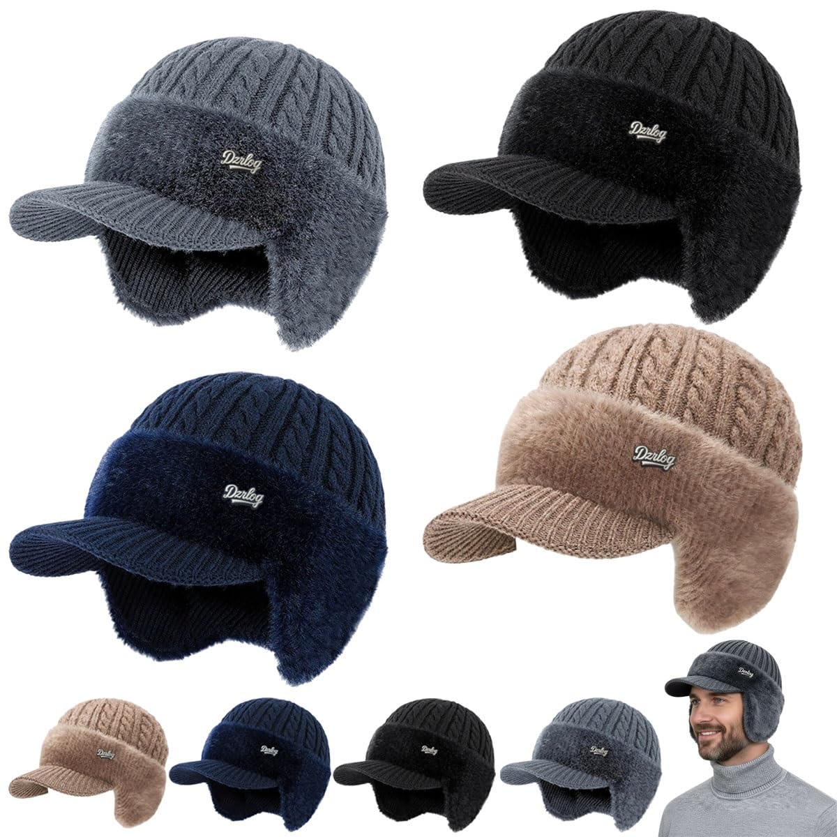 Cold Trapper Hat Ear Protection Knitted Hat Men’s Winter Hats with Brim and Ear Flaps Cozy Head Beanie Stocking Cap