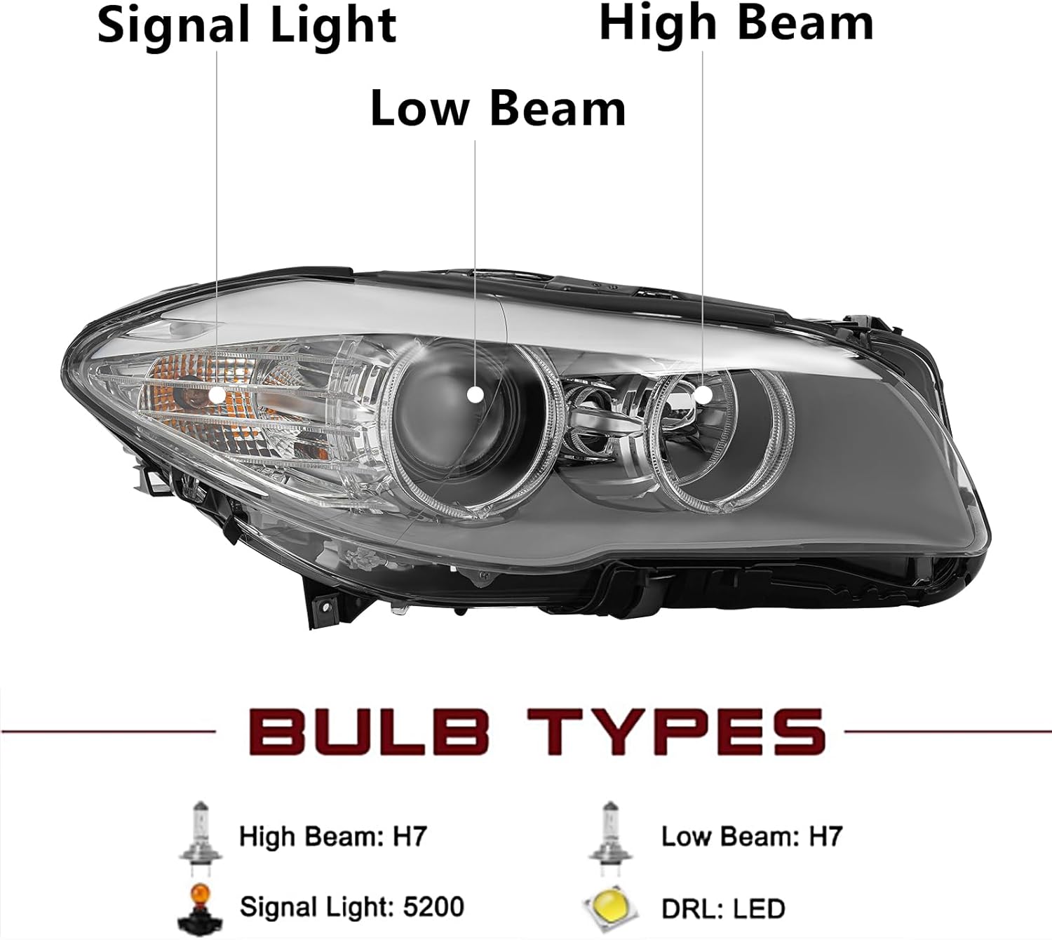 Front Halogen Headlights Assembly Right Side for 2011-2013 BMW 5-Series 528i NON-xDrive Models w/LED DRL Passenger Head Lights Direct Replacement Headlamps Assy Set