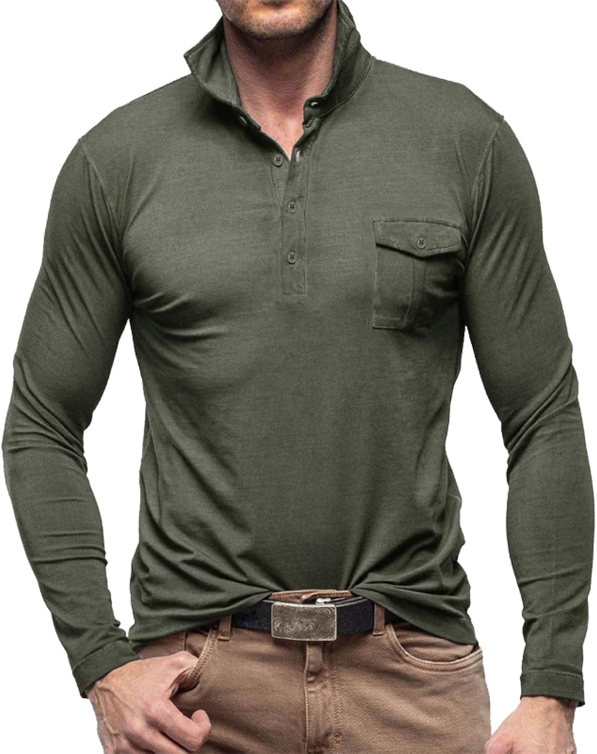 Men's Casual Polo Shirt Long Sleeve Cotton Solid Slim Polo T Shirt Lightweight Collared Golf Shirts with Pocket