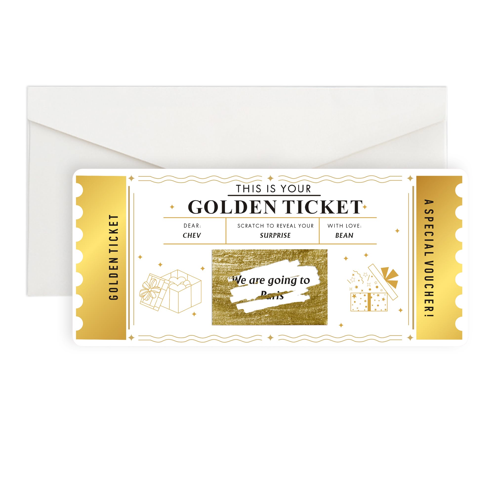 EDSG Personalised Golden Ticket Scratch Card Reveal, Surprise Scratch Card Reveal with Envelope, Scratch-off Cards Gifts for Him Her Women Men, Birthday Christmas Valentines Card