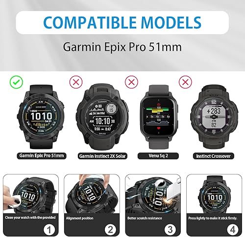 Miniatura 2 de Suoman Paquete de 4 protectores de pantalla para Garmin Epix Pro de 2.008 in, antiarañazos, cobertura completa 2.5D 9H de dureza de vidrio templado
