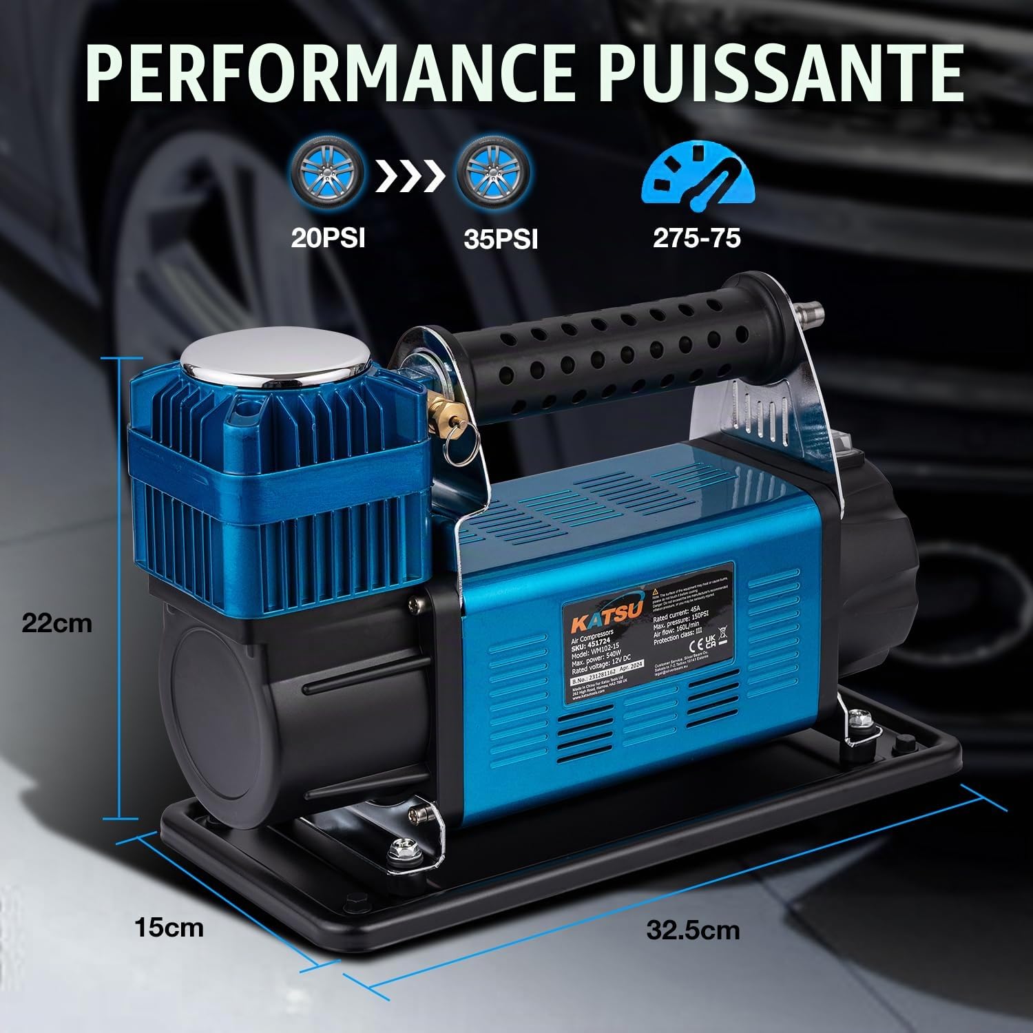KATSU Tools Professionnel Gonfleur de Pneu 150 PSI 12V 45Amp Grand Volume Portable Compresseur d'air Voiture Pompe à Pneu pour 4WD Auto Car Van Trucks Gonflables