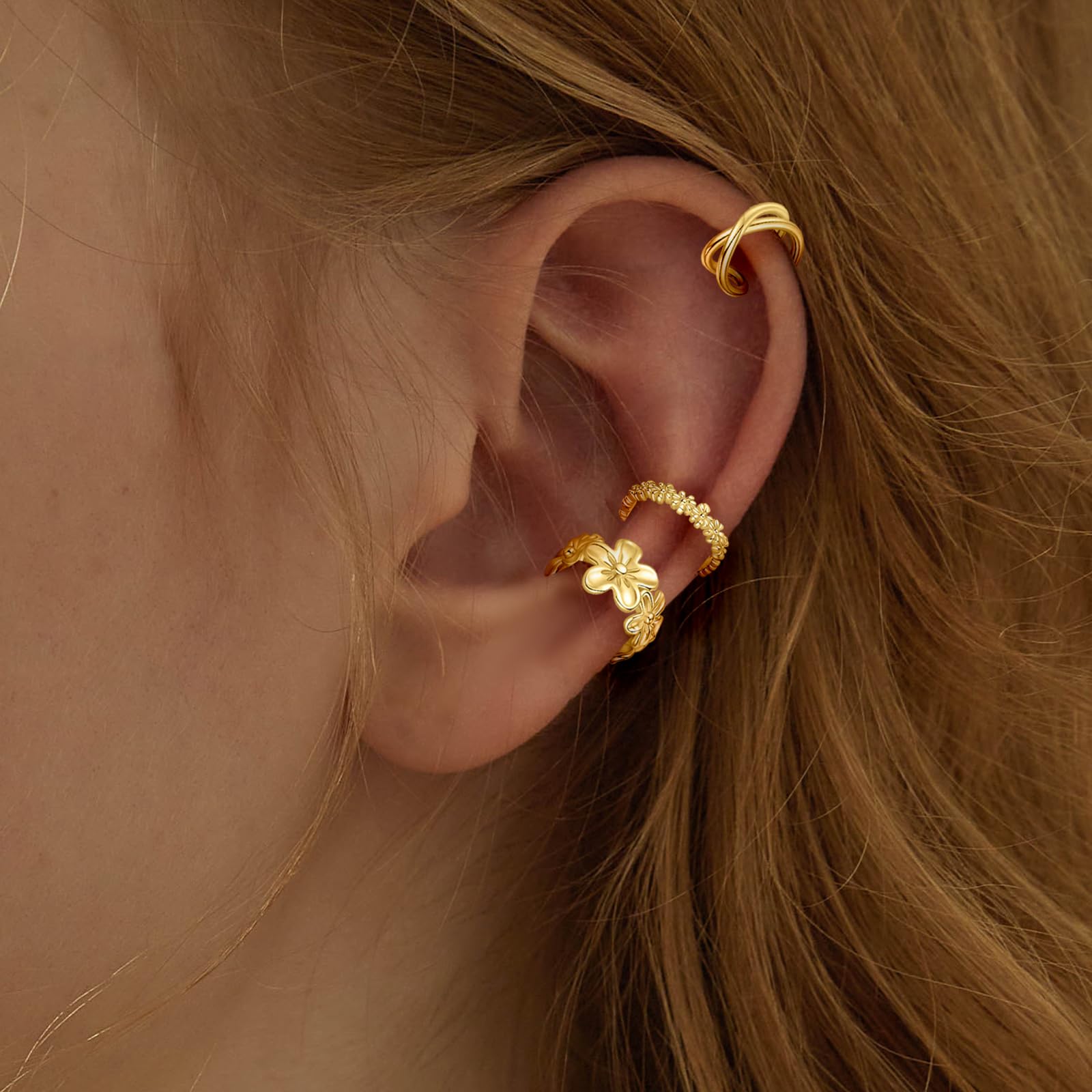 Jewdreamer 16Pcs Ear Cuffs for Women Non Piercing 14K Gold Silver Ear Cuffs Earrings Non Pierced Clips On Cartilage Earring Fake Earrings Lightweight