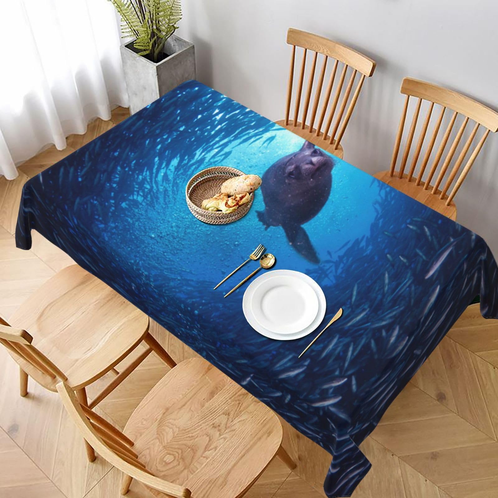 BNVSADC Underwater sea lion Printed Rectangle Tablecloth 228x152 CM, Water Resistant Polyester Table Cloth Decorative Fabric Table Covers for Kitchen Dining Table Parties Camping