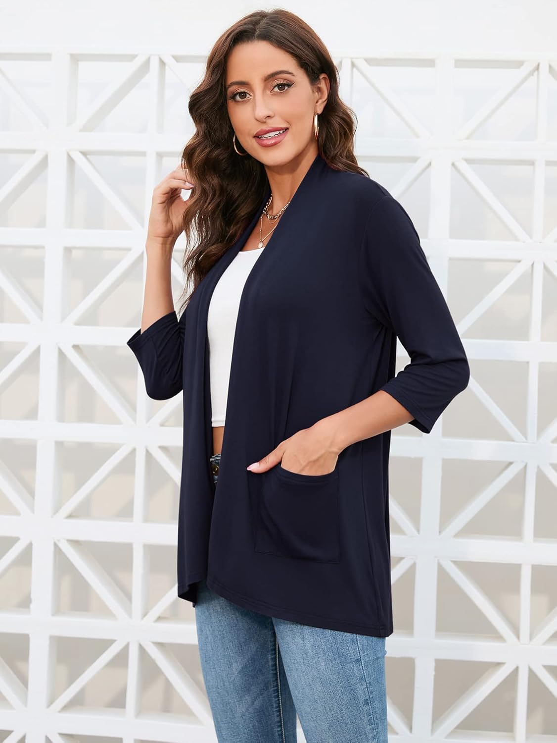 HIYIYEZI Womens Casual Lightweight Cardigans with Pockets 3/4 Sleeve Open Front Dusters - Image 3
