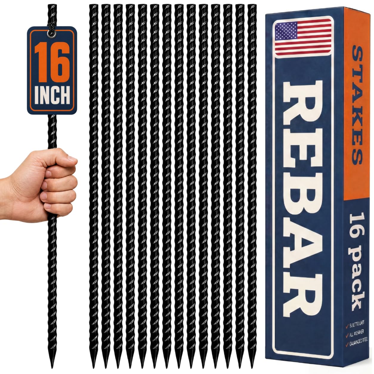 Happin® 16 Inch Rebar Stakes, Straight Garden Stakes Heavy Duty Galvanized Metal Stakes, Landscape Timber, Concrete Form, Tree &amp; Plant Support, Yard Stakes, Ground Anchors (I Shape – 16 Pack)
