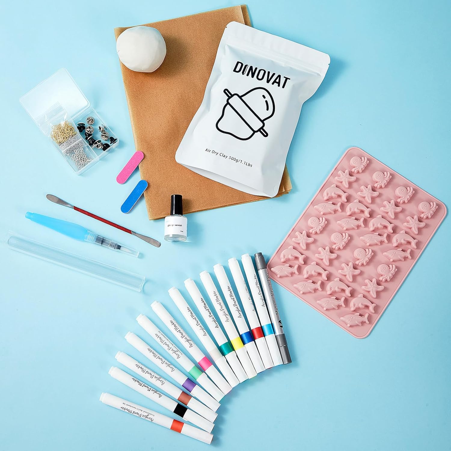 DINOVAT Air Dry Clay Pottery Kit for Adults - DIY Craft Kit Includes:500gClay, 13 Acrylic Paint Pens,Clay Mold,GlossVarnish,Tools & Step-by-Step – Perfect for Pendants, Brooches