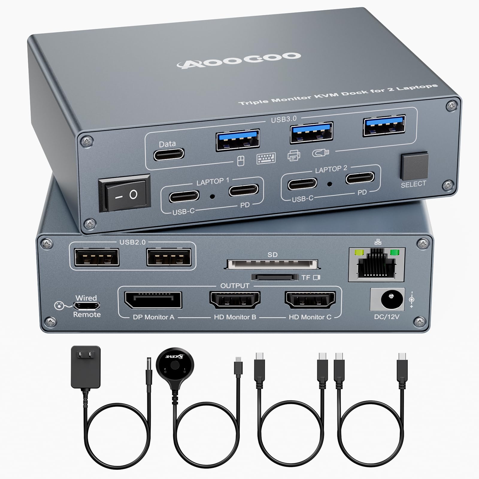 Switch KVM 3 monitor 2 laptop 4K @ 60Hz, USB C KVM Switch Docking Station per Windows Mac, con PD 100W, SD/TF, Ethernet 1G, telecomando cablato e cavi USB C