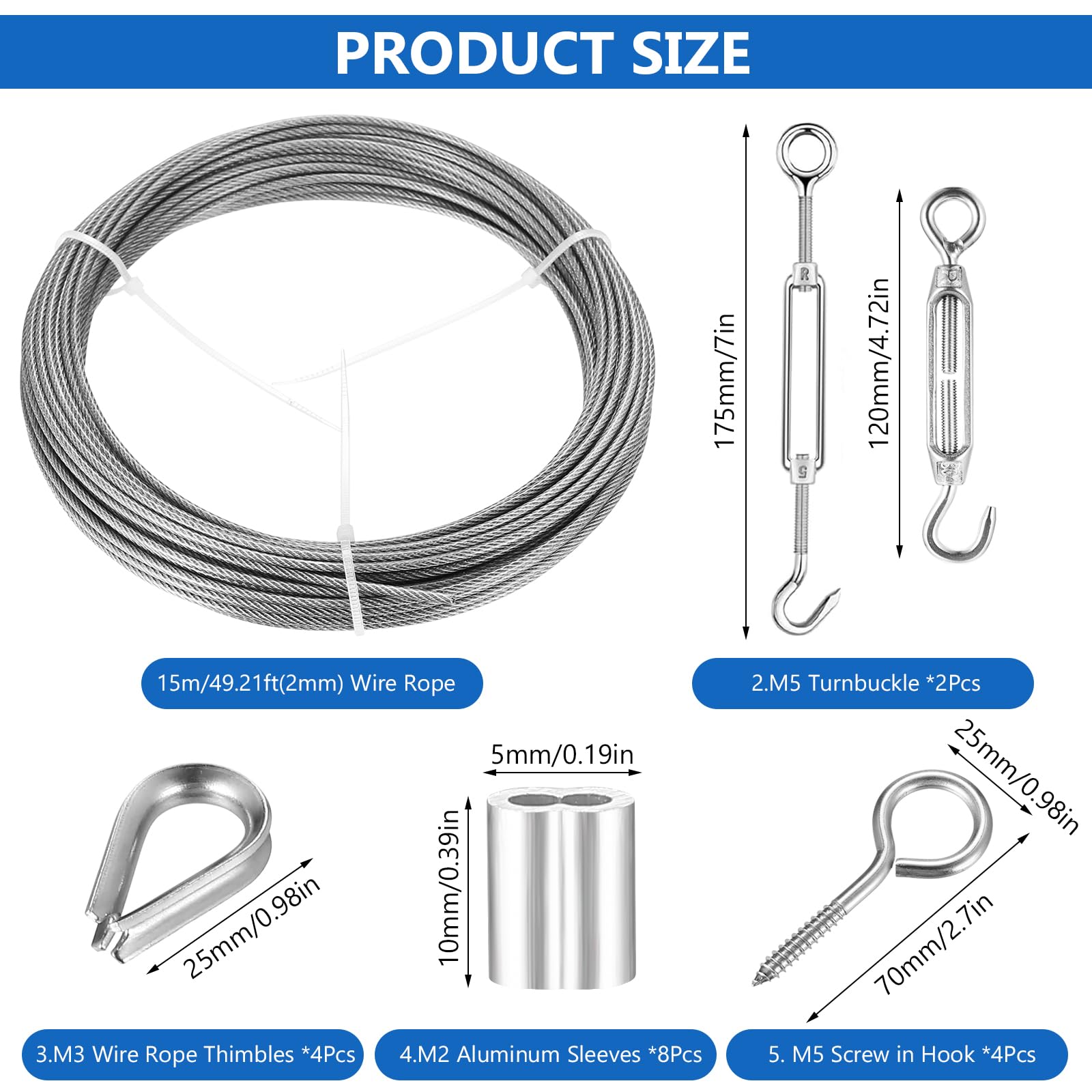 Kit de Cable Acier 2mm x 15m, Câble en Acier Inoxydable, Fil pour Tableau Câble Métallique avec Tendeur de Fil à Tendeur, pour Suspension de Lumière Tableaux Clôture de Jardin