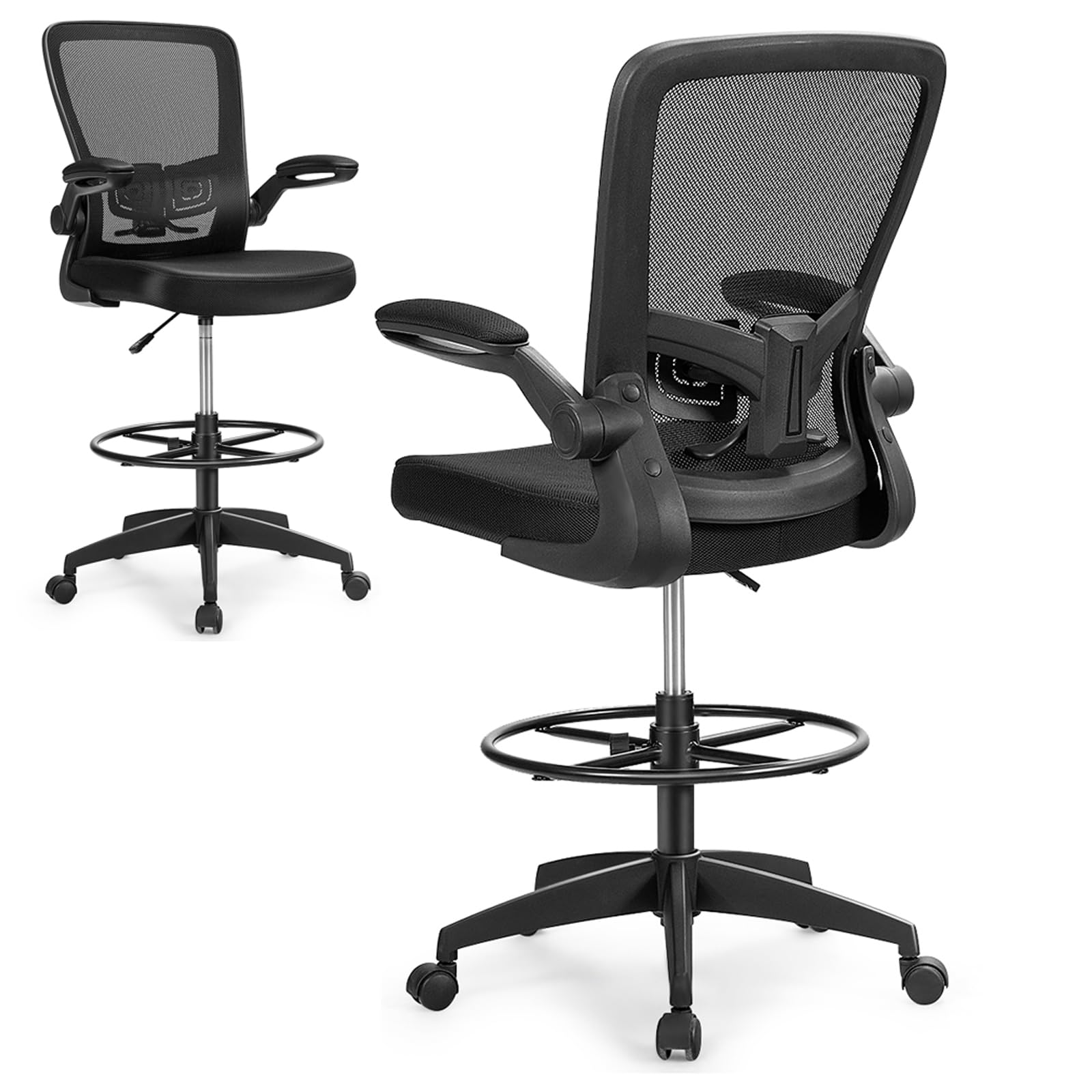 SFAREST Mesh Draft Chair, Height Adjustable Office Chair with Flip-up Armrest & Lumbar Support, Mobile Ergonomic Executive Task Desk for Home Office (With Adjustable Lumbar, Black)