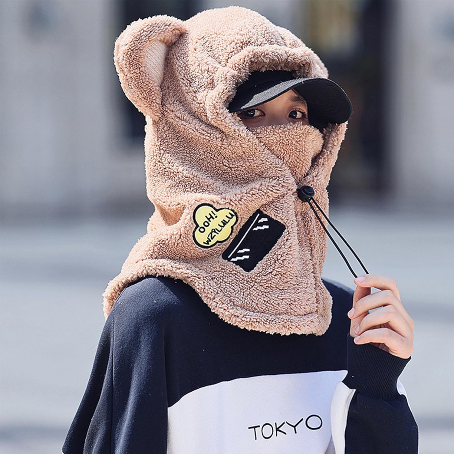 ThiCc Capuche Sherpa pour femme – Chapeau mignon avec oreilles de lapin et de chat en peluche pour l'hiver, l'équitation, le ski, la cagoule coupe-vent pour temps froid, capuche chaude réglable